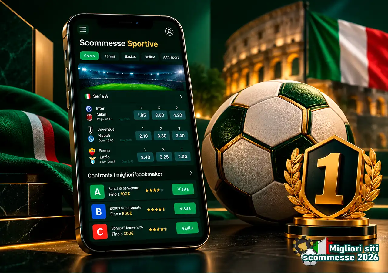 Classifica di bookmaker italiani su smartphone con quote sportive e simbolo del ranking 2026.
