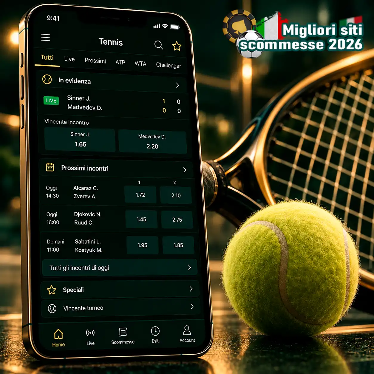 Scommesse tennis su smartphone con quote, pallina e racchetta in una composizione minimale.