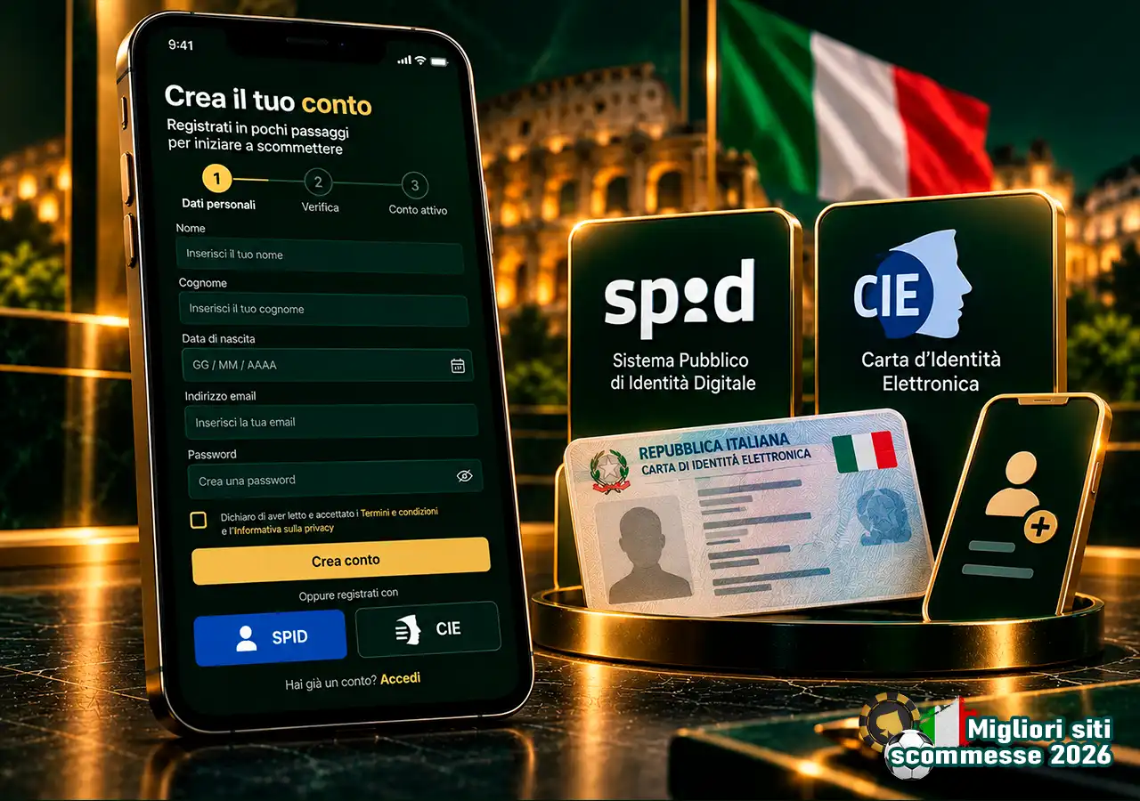 Registrazione bookmaker su smartphone con identificazione digitale tramite SPID e CIE.